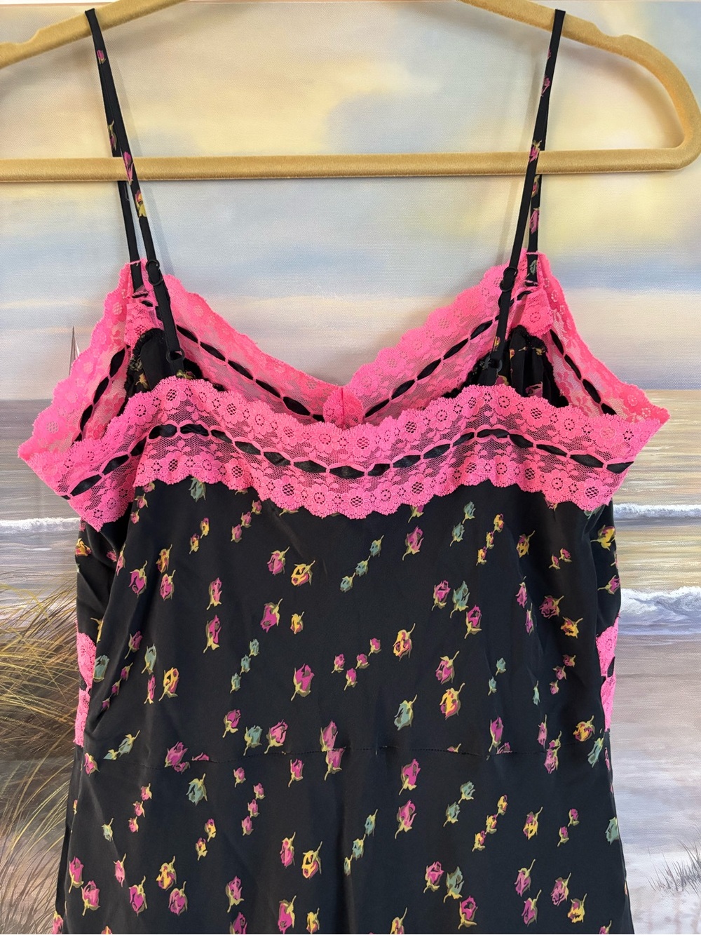 Vintage Betsey Johnson Y2K Silk Floral Maxi Gown Pink Lace Trim Size: 8 - Picture 11 of 15
